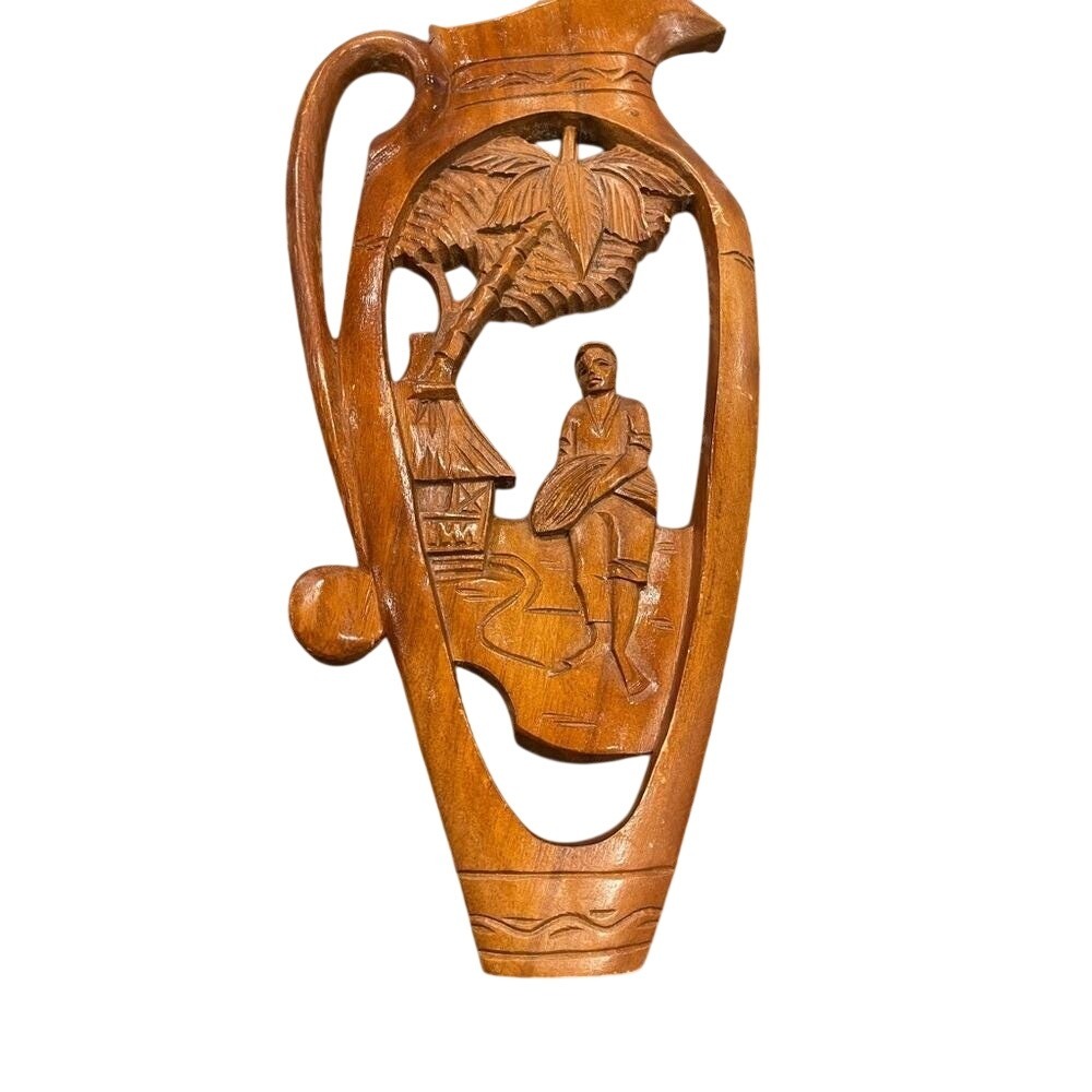 Hand Carved Wooden Vase Wall Hanging‎ Tropical Scene Man Hut Tree